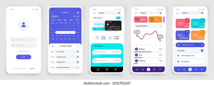 Smartphone UI. Realistic phone touchscreens for sport and banking application. Mobile interface of planner app or account registration form with login and password. Vector colorful screen mockups set - Shutterstock ID 1931701247