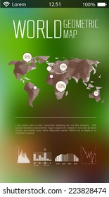 Smartphone UI template with 3d polygonal world map and infographics elements blurred landscaped background, 10 EPS