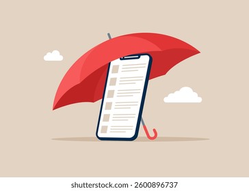 Smartphone under umbrella. Warranty and support service. Flat vector illustration