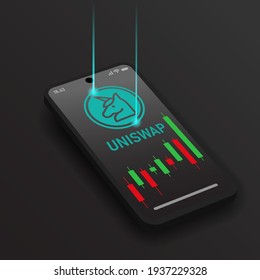 Smartphone with Uniswap 
(UNI) and Candle Charts on a phone screen in grey background, cryptocurrency in the phone, symbol and sign of Uniswap (UNI), design concept,illustrator.EPS10.