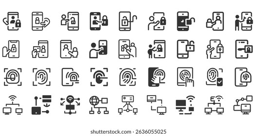 Ícones de desbloqueio de Smartphone e login biométrico. Conjunto de EPS com autenticação de impressão digital, ID de rosto e símbolos de acesso seguro à rede para designs de segurança digital