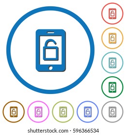 Smartphone unlock flat color vector icons with shadows in round outlines on white background