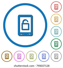 Smartphone unlock flat color vector icons with shadows in round outlines on white background