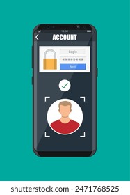Smartphone desbloqueado por reconocimiento facial. Seguridad del teléfono móvil, acceso personal vía finger, forma del Inicio de sesión en la gestión de la Cuenta, autorización, protección de la red. Ilustración vectorial plana