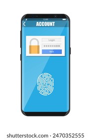 Smartphone desbloqueado por sensor de huellas digitales. Seguridad del teléfono móvil, acceso personal vía finger, forma del Inicio de sesión en la gestión de la Cuenta, autorización, protección de la red. Ilustración vectorial plana