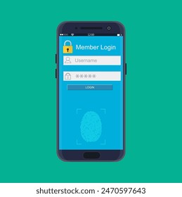 Smartphone desbloqueado por sensor de huellas digitales. Seguridad del teléfono móvil, acceso personal vía finger, autorización, protección de la red. Ilustración vectorial plana