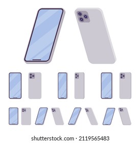 Smartphone, unlocked cellphone, mobile phone without power button. Vertical silver metallic device. Vector flat style cartoon illustration isolated, white background, different views and positions