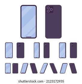 Smartphone, unlocked cellphone, mobile phone without power button. Vertical black metallic device. Vector flat style cartoon illustration isolated, white background, different views and positions