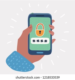 Smartphone unlocked notification button and password field. Hand holding a mobile phone. Concept of smartphone security, personal access, user authorization, protection. Vector cartoon illustration