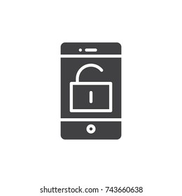 Smartphone with unlocked padlock icon vector, filled flat sign, solid pictogram isolated on white. Mobile phone unlock symbol, logo illustration