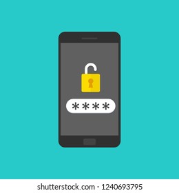 Smartphone with unlocked password bubble notification, phone screen with open lock and password field.