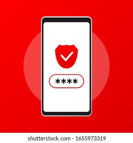 Smartphone unlocked and password notification vector, mobile phone security, user authorization, login, protection technology.