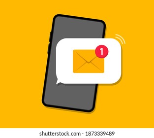 Smartphone with unread new message. Email notification on the phone screen. Mobile notice concept. Speech bubble with unread mail. Vector illustration.