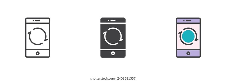 Smartphone Update different style icon set. Line, glyph and filled outline colorful version, outline and filled vector sign. Mobile phone reload symbol, logo illustration. Vector graphics