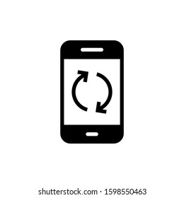 Smartphone update icon in black flat design on white background, Telephone upgrade screen sign for mobile concept and web design, Mobile phone refresh arrows outline vector icon, Symbol, logo illustra