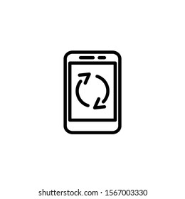 Smartphone update icon in line art style on white background, Telephone upgrade screen linear style sign for mobile concept and web design, Mobile phone refresh arrows outline vector icon, Symbol