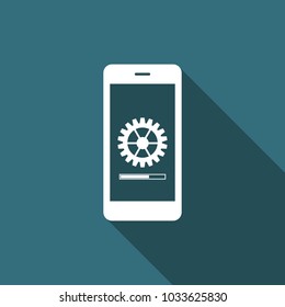 Smartphone update process with gearbox progress and loading bar icon isolated with long shadow. System software update and upgrade concept. Loading process in smart phone screen. Vector Illustration