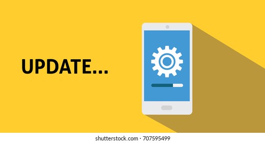 smartphone update process with gearbox progress and loading bar with flat long shadow
