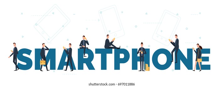 smartphone usage concept illustration of young men and women using mobile devices such as smartphone and digital tablet.