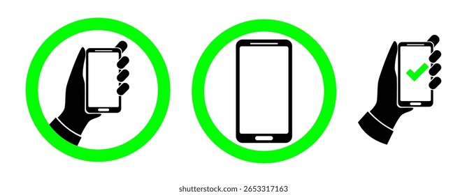 Ícones de uso do smartphone com círculos verdes e marca de seleção. Ilustração vetorial mostrando as maneiras adequadas de segurar um telefone celular com silhueta de mão, ideal para UI, design UX, segurança digital