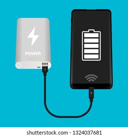 Smartphone USB cable connection with external power bank vector illustration