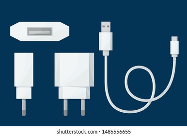 	
Smartphone USB charger adapter in different view with USB Micro cable. Vector illustration in cartoon style.