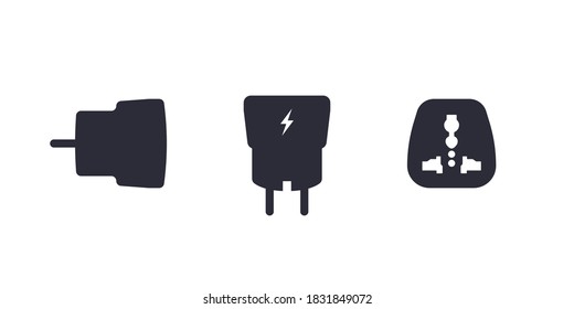 Adaptador de cargador USB Smartphone en una vista diferente. Vista lateral. Vista aérea. Vista frontal. Adaptador de enchufe. Vector