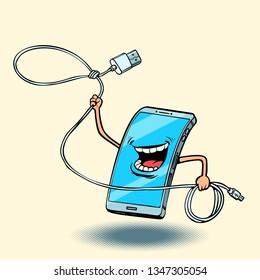 smartphone y cable USB. lazo. Dibujo retro vintage de dibujos animados pop de dibujos animados