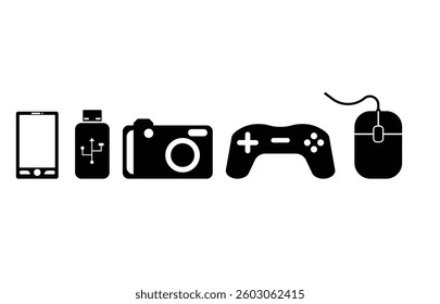 Smartphone, USB drive, camera, game controller, mouse