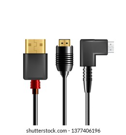 Smartphone Usb Plug Cable Connector Set Vector. Accessory Micro Usb Type-B Communication Mobile Phone Device And Computer Top View Isolated Image On White Background. 3d Illustration