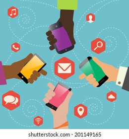 Smartphone use concept ad with icons - vector template