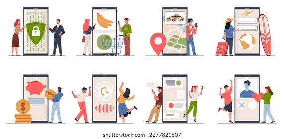 Smartphone use functions. Various useful mobile applications, tiny people, big phones, users make purchases, call taxi, booking hotel, listen music, dating and investment, nowaday vector set