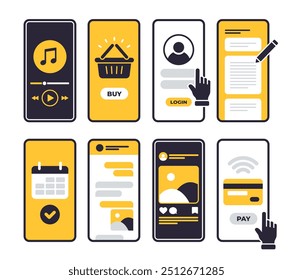 Cenários de uso de smartphone definidos. Telas telefônicas com interfaces de usuário de vários aplicativos. Ouça música, compre online e navegue nas redes sociais. Ilustração de vetor plano isolada no plano de fundo branco