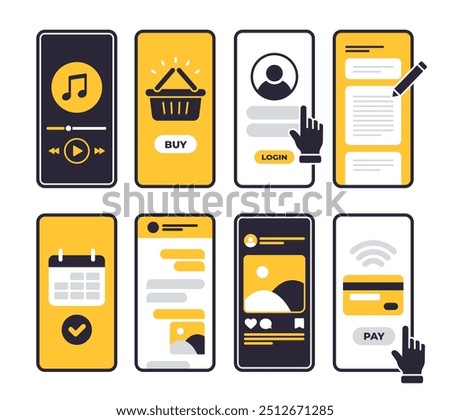 Smartphone use scenes set. Phone screens with user interfaces of various applications. Listen to music, shop online and browse social networks. Flat vector illustration isolated on white background
