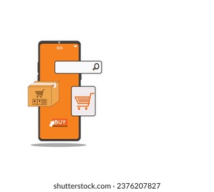 smartphone used for online shopping, basket, package box, pay now button