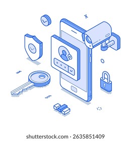 La información de datos personales de seguridad de Cuenta del usuario de smartphone protege la Ilustración vectorial isométrica minimalista. Autenticación de la Identificación del teléfono móvil Verificación de privacidad Control seguro