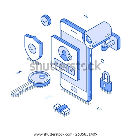 Smartphone user account security personal data information protect minimalist isometric vector illustration. Mobile phone identification authentication network privacy verification secure control