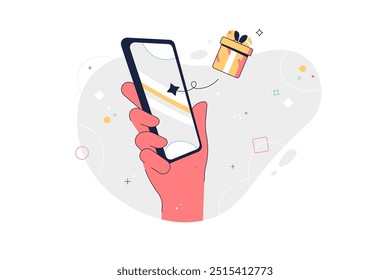 Conceito de atividade do usuário do smartphone. Ilustração plana do vetor do desenho animado. Mão segurando telefone celular com caixa de presente na tela. Presente online. Ganhe online. Entrega de presente on-line, celebração, conceito da festa