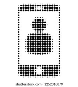 Smartphone user halftone dotted icon. Halftone array contains circle pixels. Vector illustration of smartphone user icon on a white background.