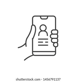 Smartphone user, hand holding a cellphone line icon. 