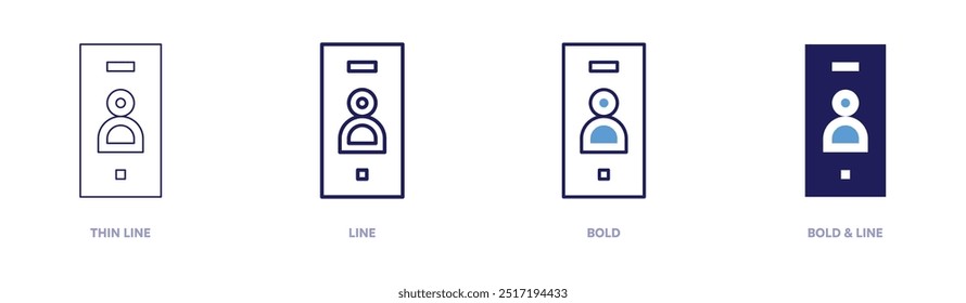 Ícone de usuário de smartphone em 4 estilos diferentes. Linha fina, Linha, Negrito e Linha Negrito. Estilo duotônico. Traçado editável.