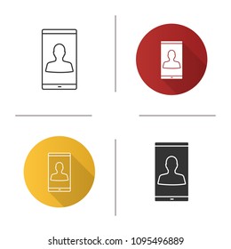 Smartphone user icon. Video call. Profile avatar. Flat design, linear and glyph styles. Isolated vector illustrations