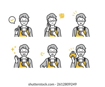 Smartphone User Illustration Set. People using smartphones in daily scenes—smiling, thinking, checking messages. Great for tech, social media, and communication-related content.
