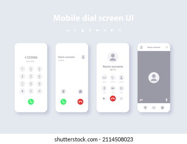 Smartphone user interface concept template. Design of dialing, call, video call, keyboard for typing messages on phone display. Vector realistic mobile mockup.