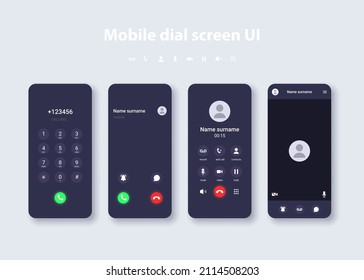 Smartphone user interface concept template. Design of dialing, call, video call, keyboard for typing messages on phone display. Vector realistic mobile mockup.