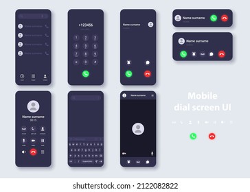 Smartphone user interface dark theme concept template. Design of contacts, dialer, call, video call, keyboard for typing messages on phone display. Vector realistic mobile mockup.