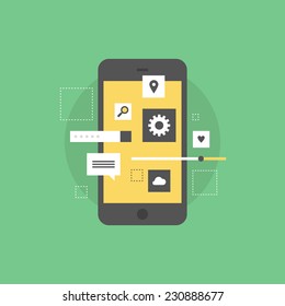 Smartphone user interface development, creating mobile phone application, setting UI menu and navigation elements. Flat icon modern design style vector illustration concept.