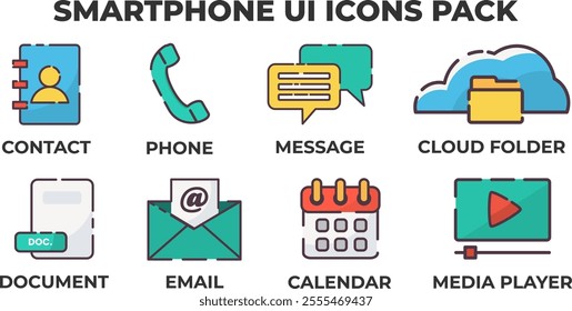 Smartphone user interface icons pack. Flat line color icon of set of colorful mobile UI icons including contact, phone, message, cloud folder, document, email, calendar, and media player.