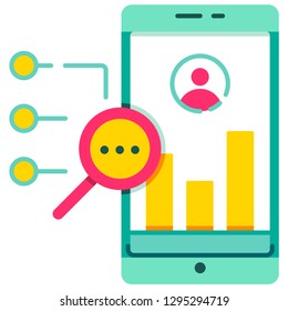 Smartphone with user profile and graph and magnifier glass vector illustration in flat color design