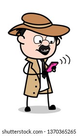 Smartphone User - Retro Cartoon Police Agent Detective Vector Illustration